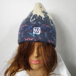 Retro 80's MURRAY MERKLEY 100% Wool Intarsia Geo Pattern Knit Beanie Hat Pom-Pom